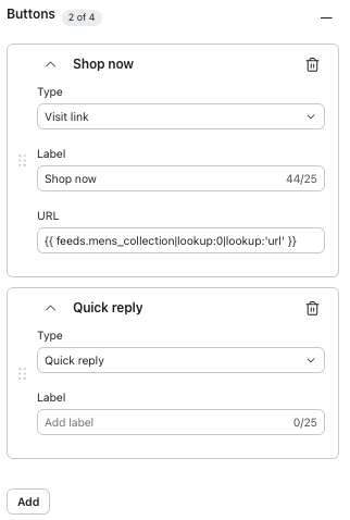 A screenshot of a user interface for configuring buttons, showing details for a 'Shop now' visit link and a 'Quick reply' button.