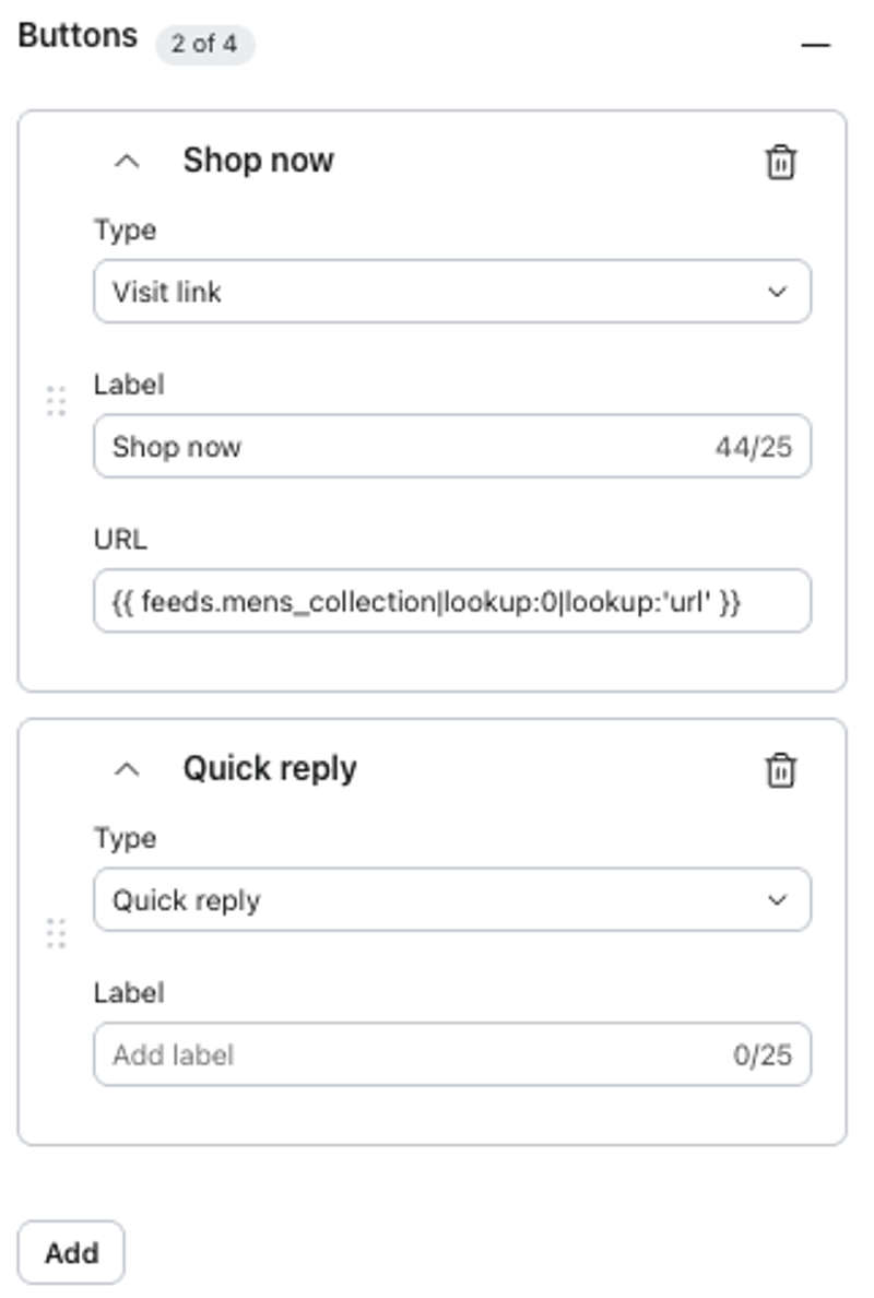 A screenshot of a user interface for configuring buttons, showing details for a 'Shop now' visit link and a 'Quick reply' button.