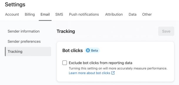 The Tracking menu within an account's default email settings showing the Exclude bot clicks setting unchecked.