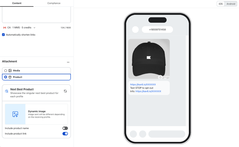 A message editor showing product attachment settings on the left and a smartphone preview of a text message with a black baseball cap on the right.