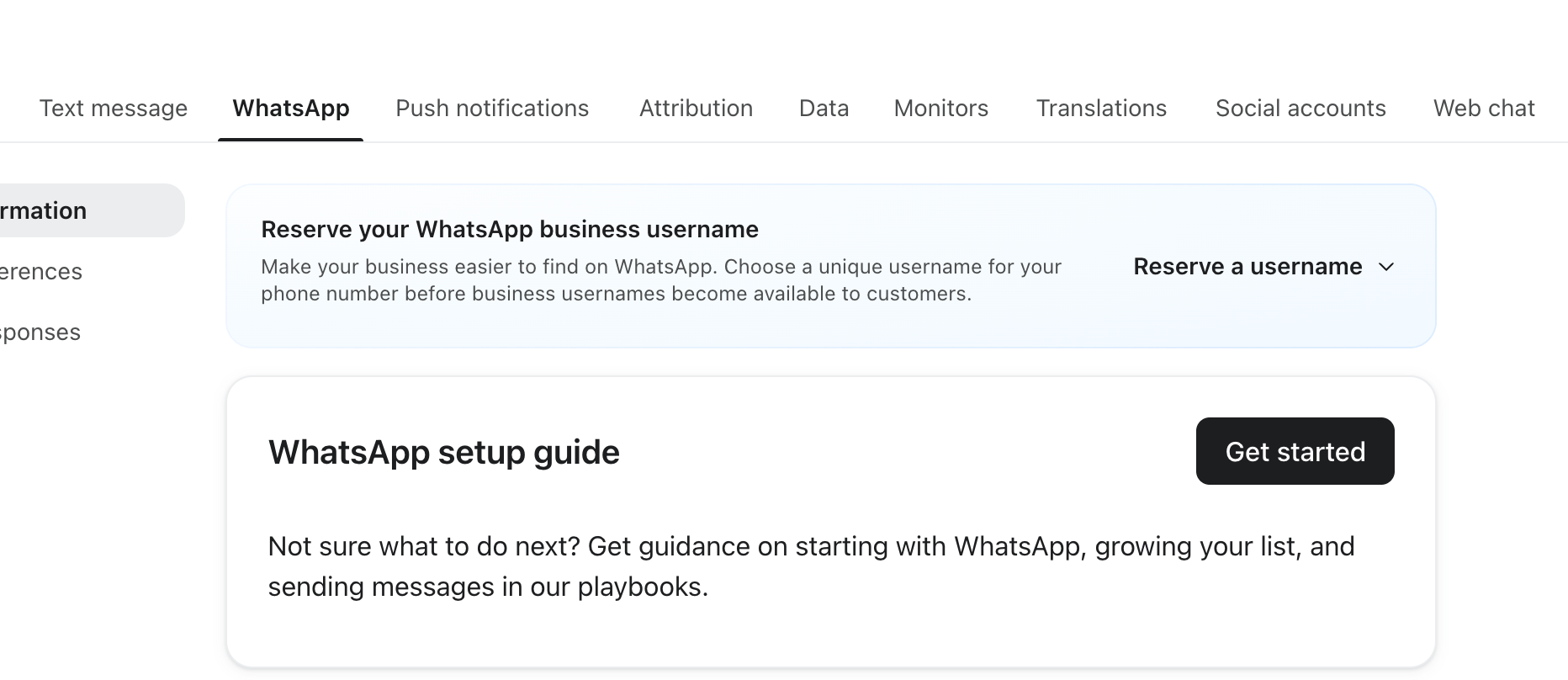 Página de configuración de WhatsApp Business con opciones para reservar un nombre de usuario y acceder a una guía de configuración.