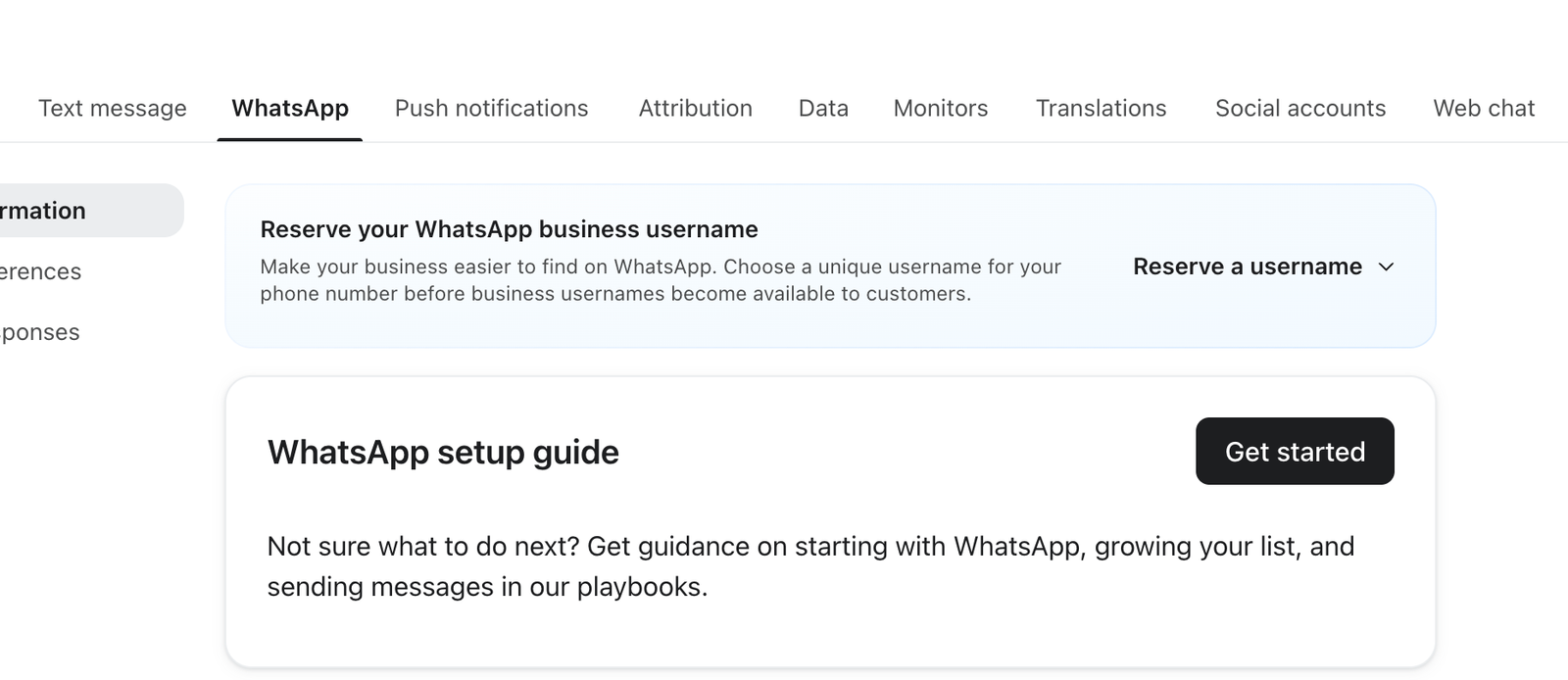 WhatsApp business settings screen with options to reserve a username and access a setup guide.