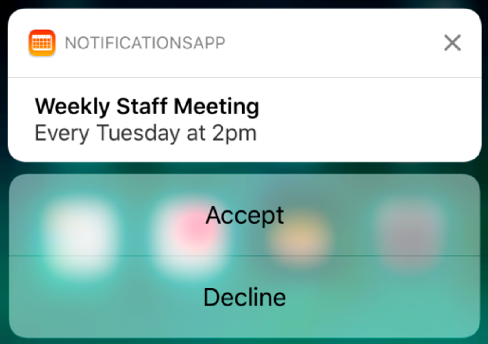An iOS notification with Accept and Decline action buttons.