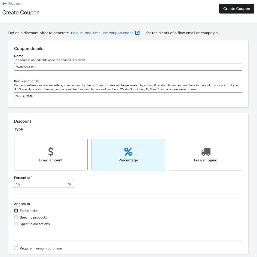 The Coupon Details menu where you can name a coupon, set a prefix, and define the coupon's functionality including type and application specifics.