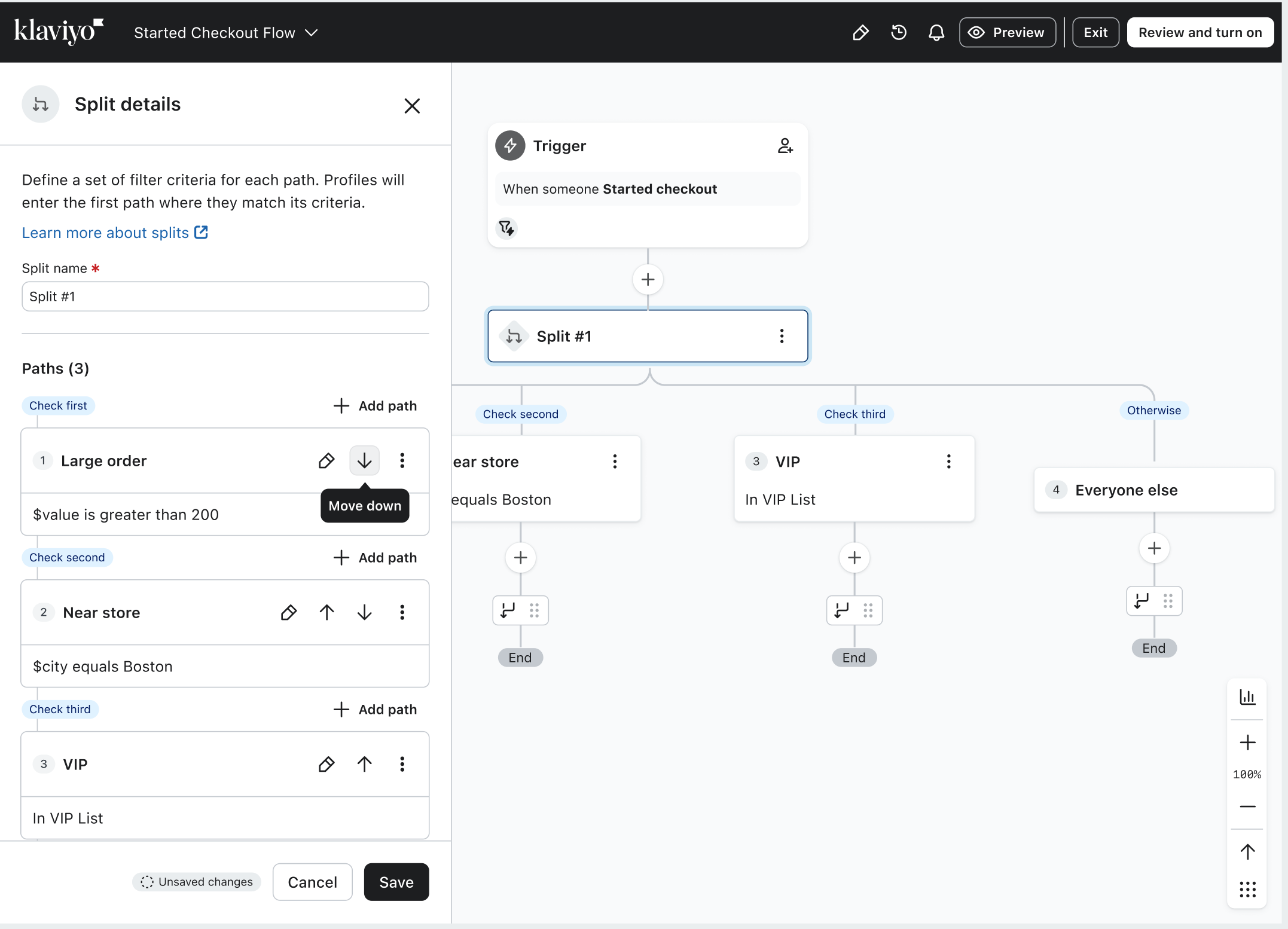 Klaviyo "Started Checkout Flow" editor showing a customer split with paths based on order value, location, and VIP status.