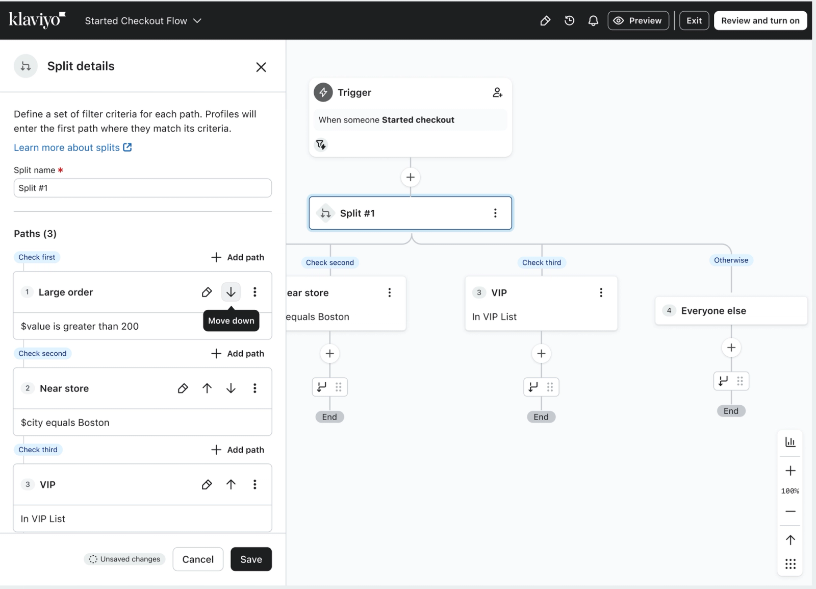 Klaviyo "Started Checkout Flow" editor showing a customer split with paths based on order value, location, and VIP status.