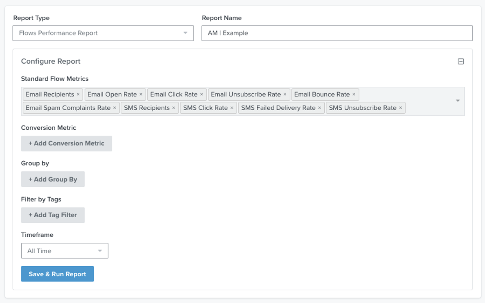 A view of the Flow Performance Flow report with the ability to customize by standard Klaviyo and conversion metrics, groupings, and timeframe