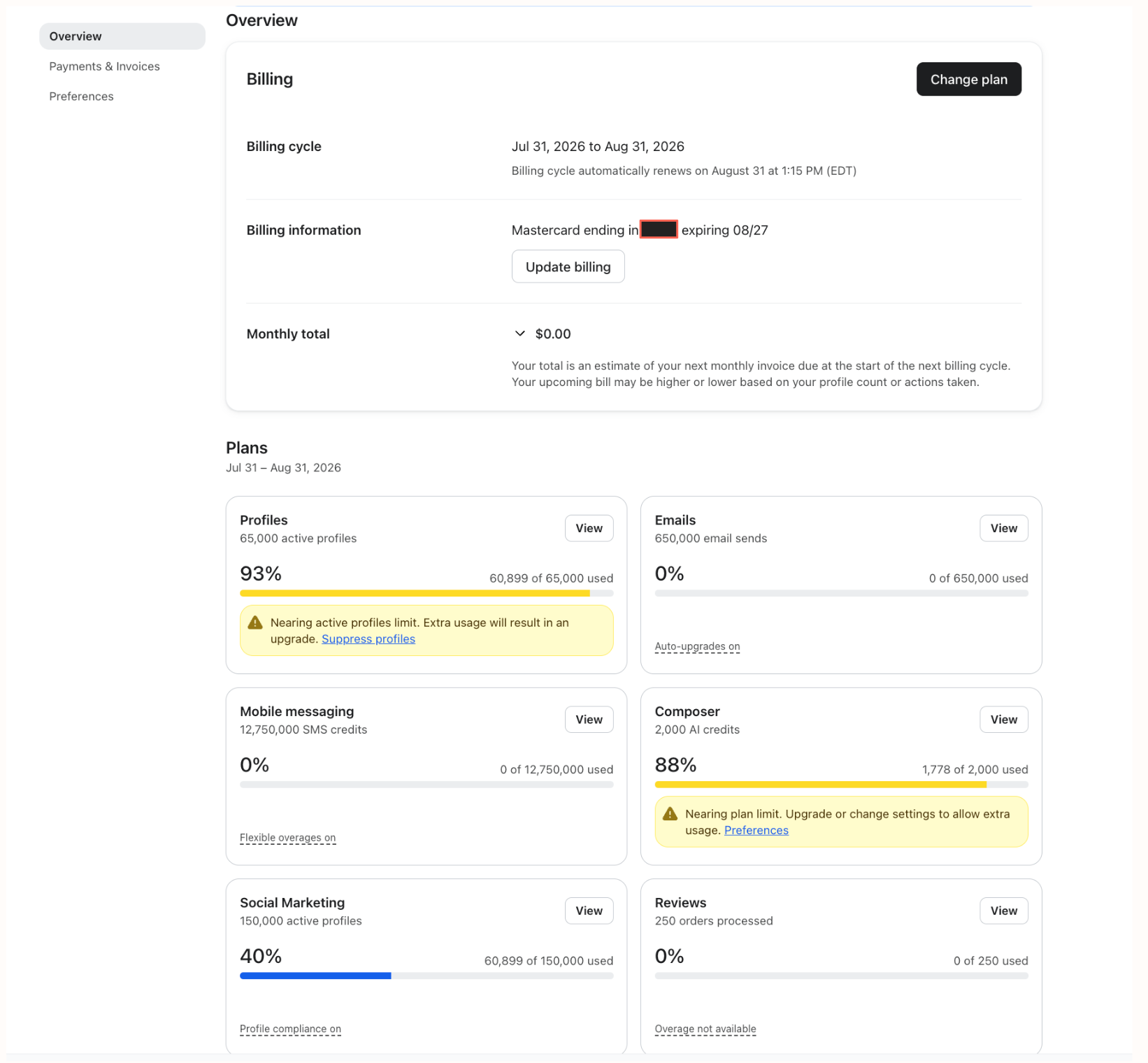 A web dashboard showing billing details with a Mastercard expiring 08/27 and a $0.00 monthly total. Below are usage statistics for various plans, including Profiles at 93% and Composer at 88%, both with warnings about nearing limits.