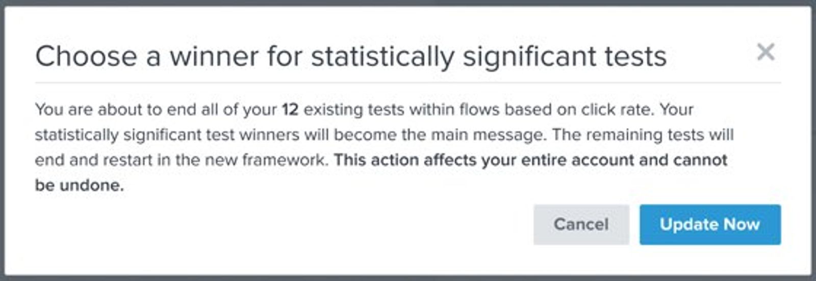 Er verschijnt een modal waarin je wordt gevraagd om te bevestigen dat je je bestaande tests wilt update.