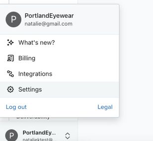 An example organization name selected in the bottom corner of Klayiyo showing Settings being selected from the navigation options.