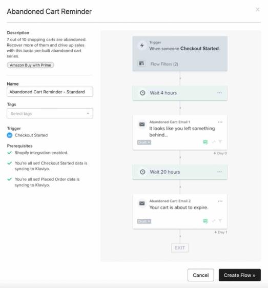 Pre built Abandoned Cart Buy with Prime and Shopify flow with Create Flow with black background