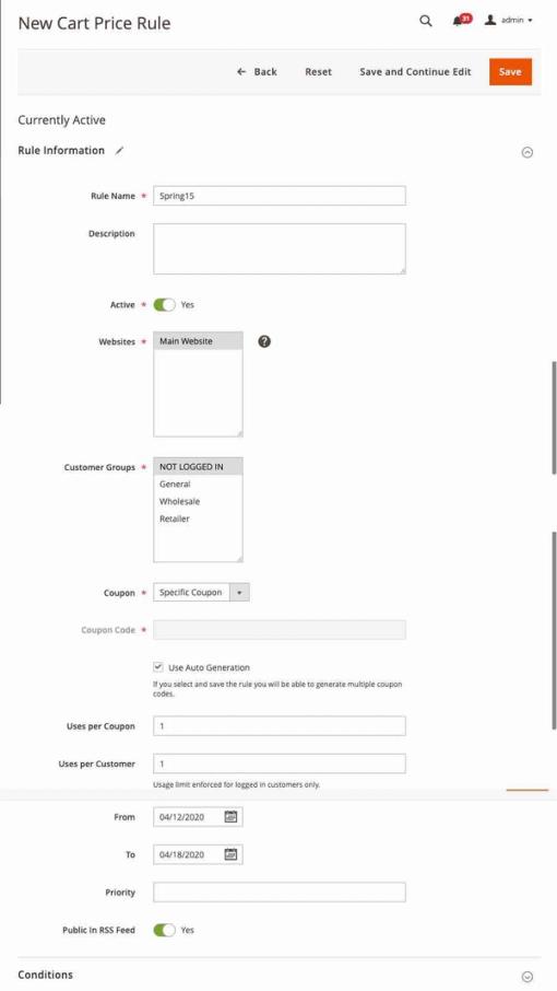 The new cart price rule menu where you can fill in your desired rule information.