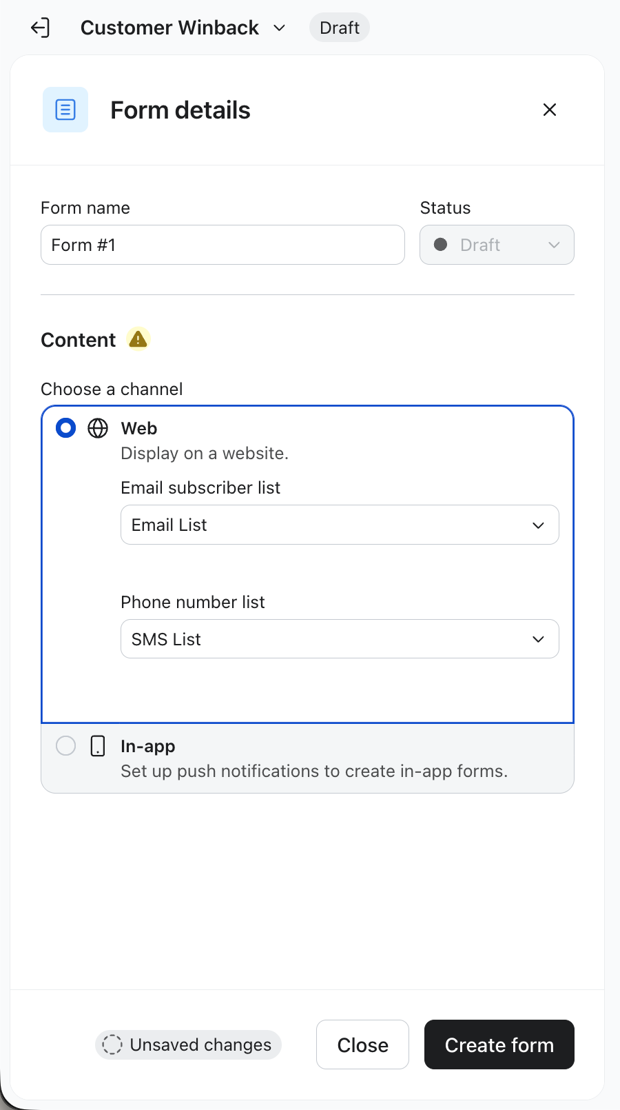 A dialog box titled "Form details" for creating a new form, showing "Form #1" as the name, "Draft" status, and channel selection with "Web" chosen.