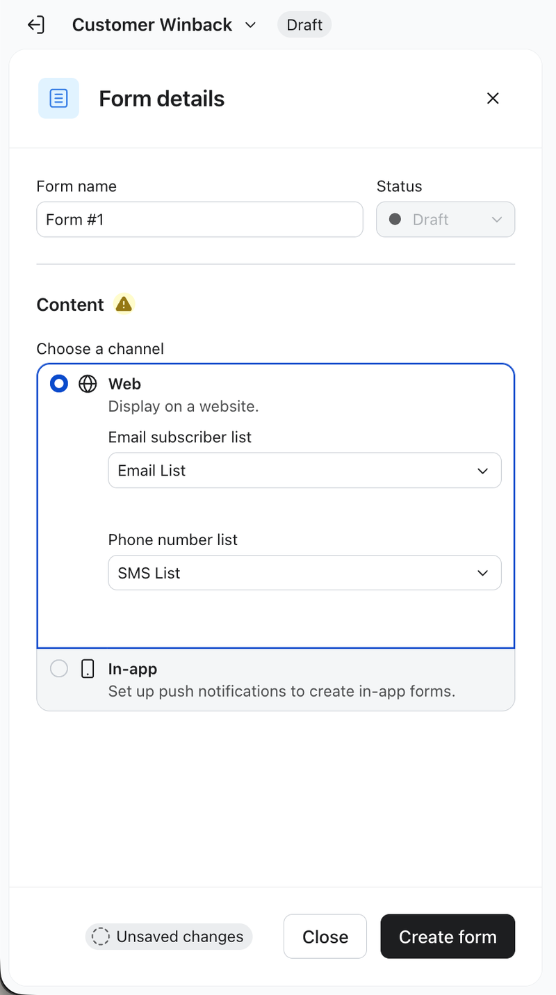 A dialog box titled "Form details" for creating a new form, showing "Form #1" as the name, "Draft" status, and channel selection with "Web" chosen.
