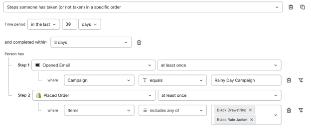 An example that shows how to create a funnel where customers opened an email then placed an order