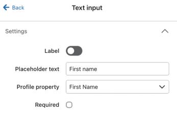 The Text input menu that appears when you add a text input field into a sign-up form in the form editor.