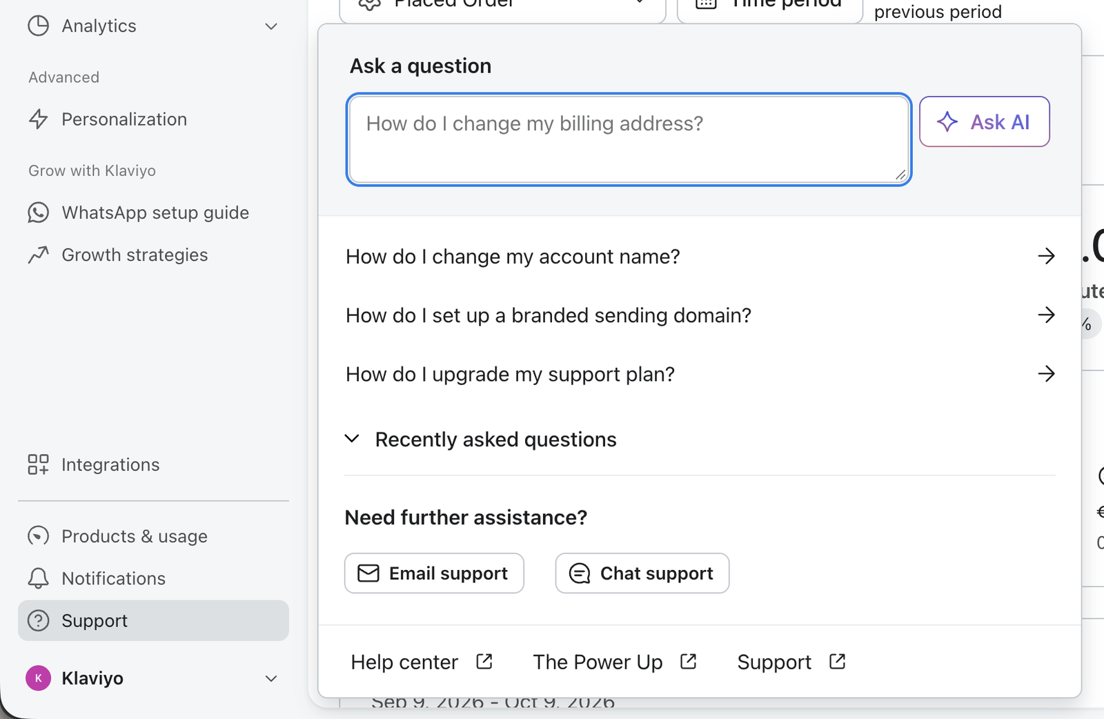 Existing Support experience with common questions and buttons for email and chat support.