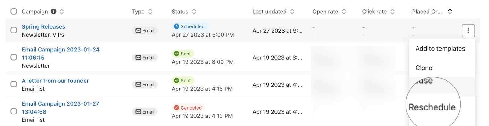 Reschedule option in the dropdown menu