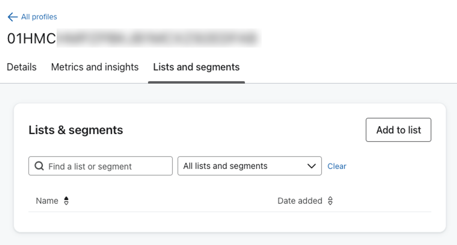 List and segments tab within a profile, showing the option to add that profile to a list