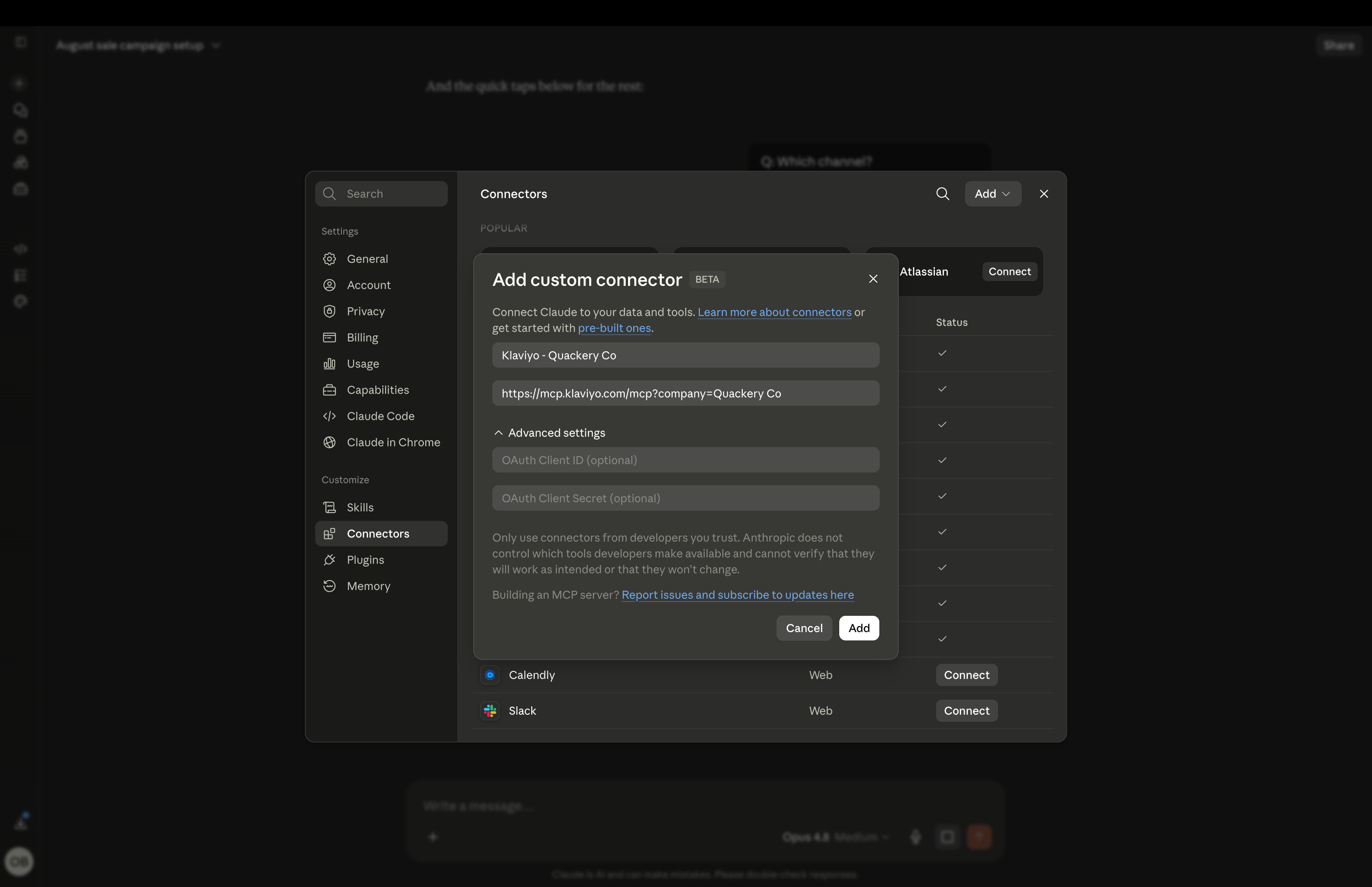 Dark-themed application settings, on the "Connectors" page, with an "Add custom connector" modal open, showing input fields for name, URL, and OAuth credentials, and a prominent "Add" button.