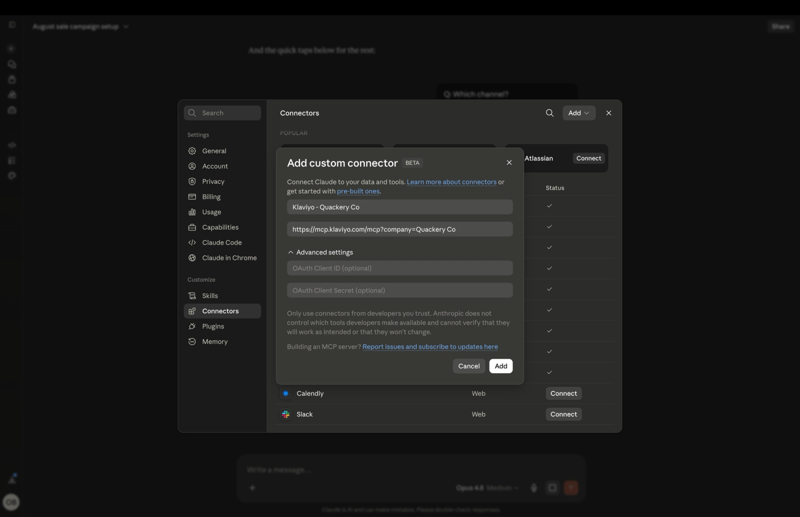 Dark-themed application settings, on the "Connectors" page, with an "Add custom connector" modal open, showing input fields for name, URL, and OAuth credentials, and a prominent "Add" button.