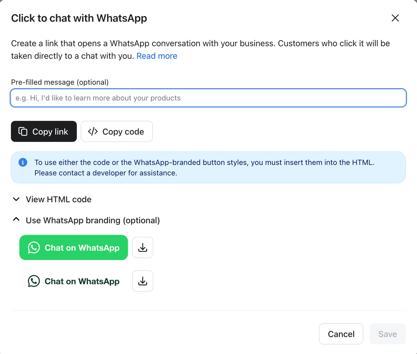 Immagini dei pulsanti con marchio WhatsApp