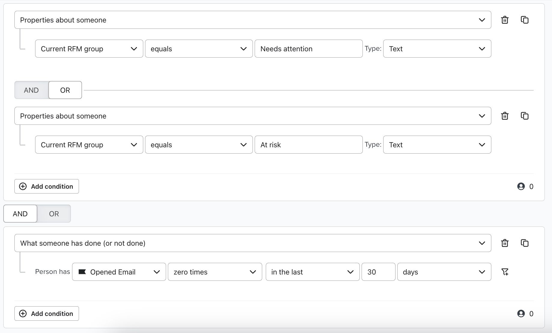 Segment of Inactive or At risk profiles that have not opened an email in the last 30 days