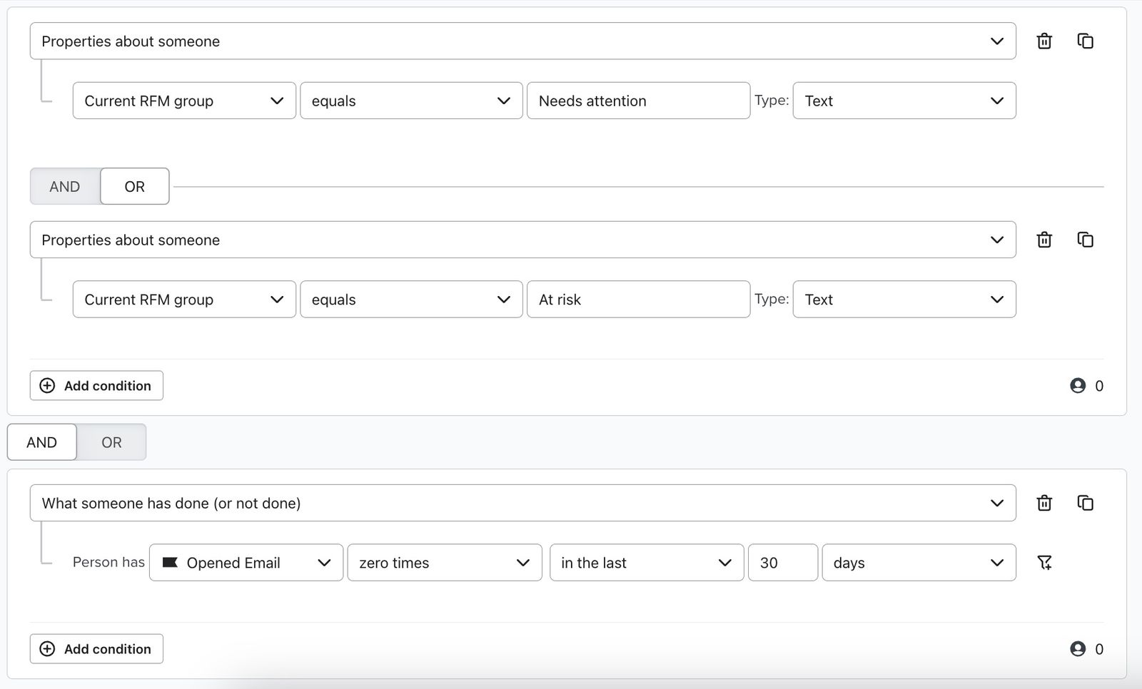 Segment of Inactive or At risk profiles that have not opened an email in the last 30 days