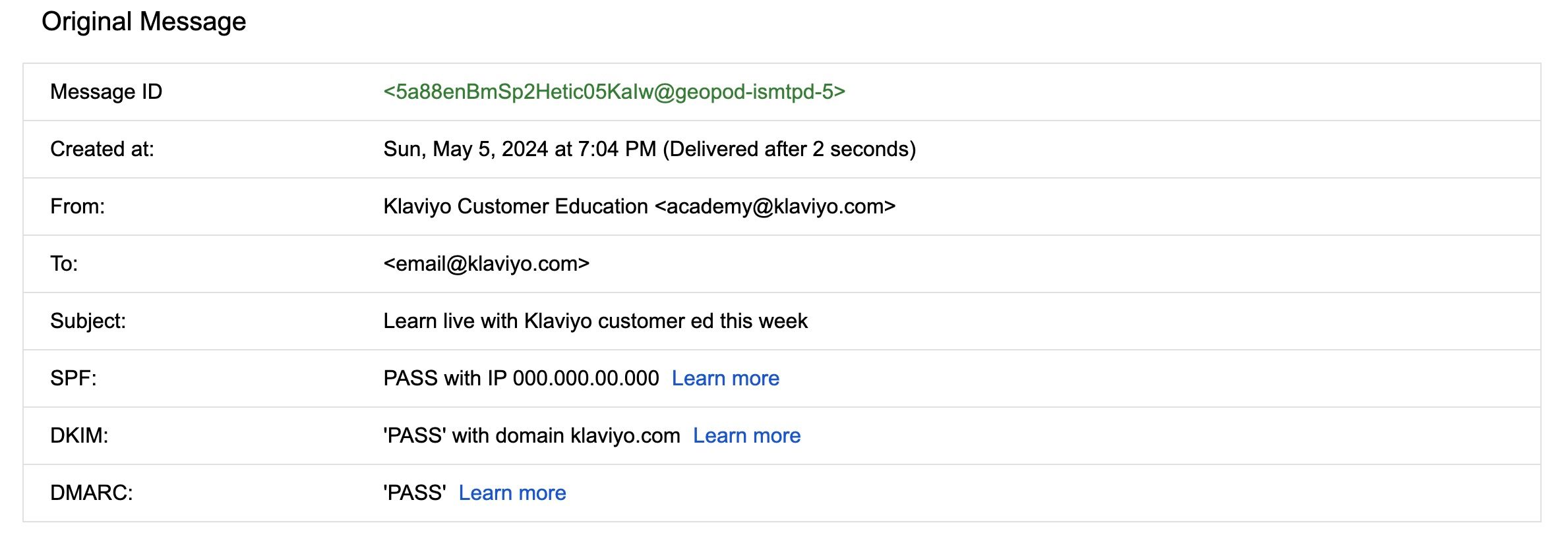 Example email header summary from Gmail