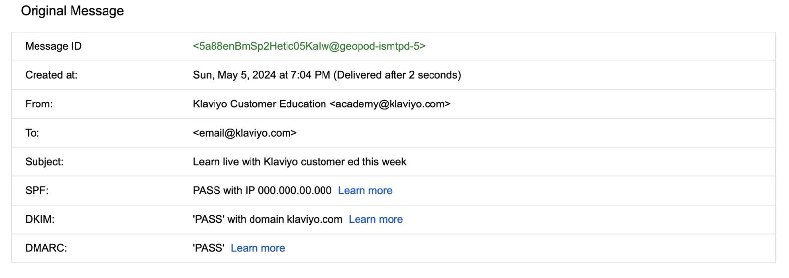 Example email header summary from Gmail