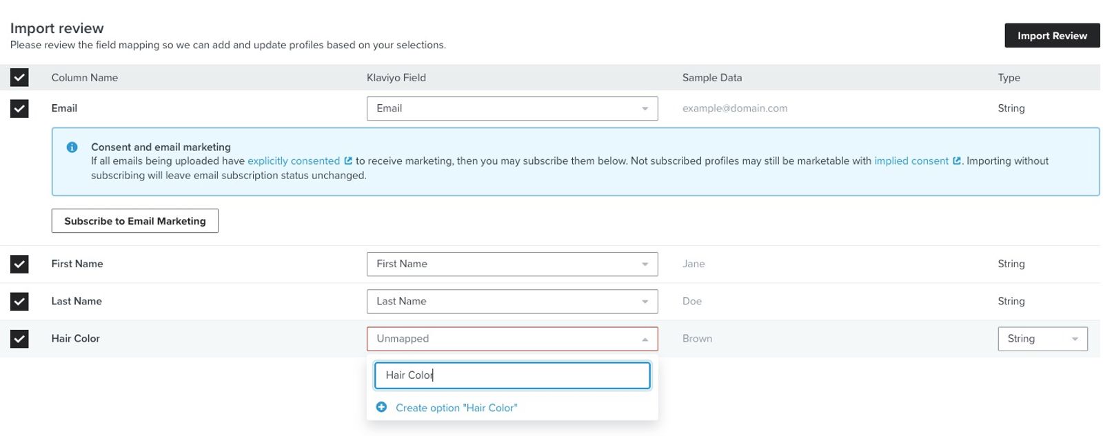 Create profile property option on a profile in Klaviyo