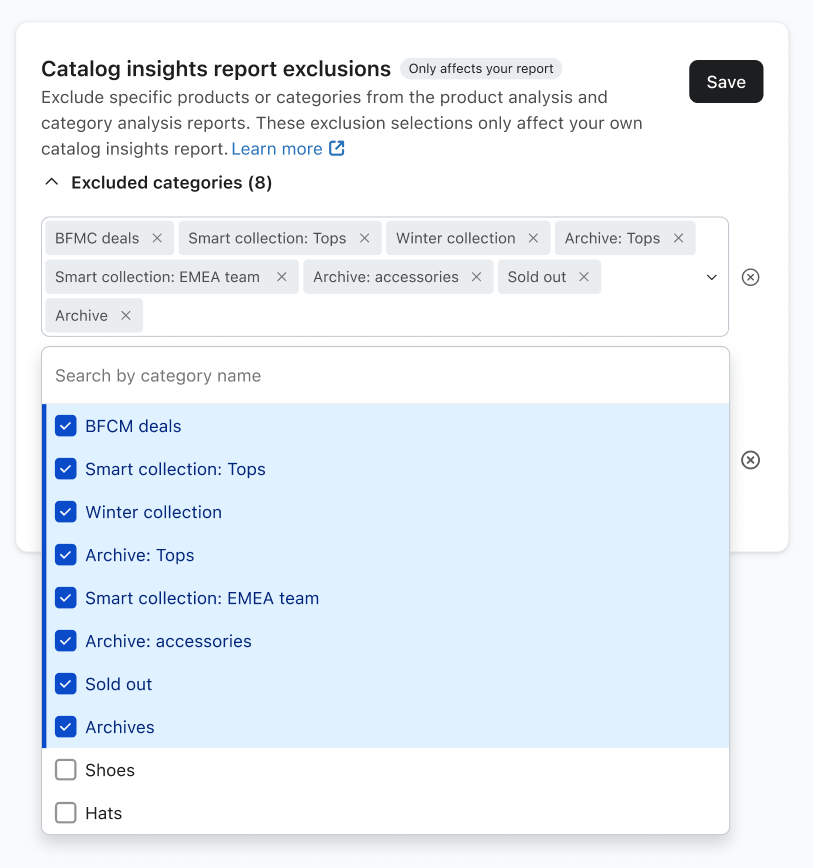 A user interface for managing "Catalog insights report exclusions," showing 8 categories currently excluded and a list of categories available for selection.