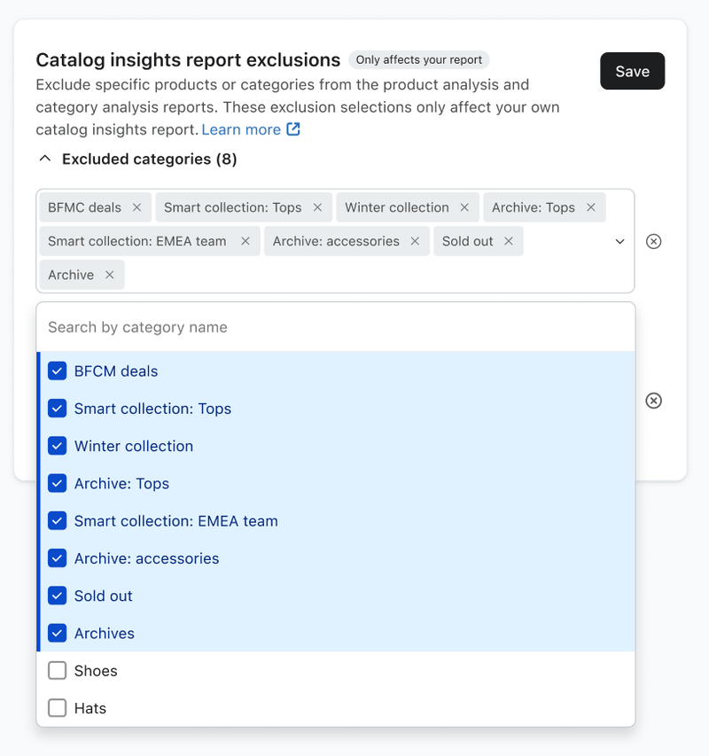 A user interface for managing "Catalog insights report exclusions," showing 8 categories currently excluded and a list of categories available for selection.