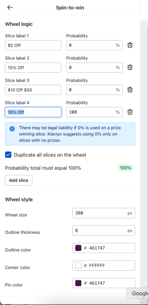 Klaviyo Spin-to-win setup with only “10% Off” at 100% probability; all other slices set to 0%.
