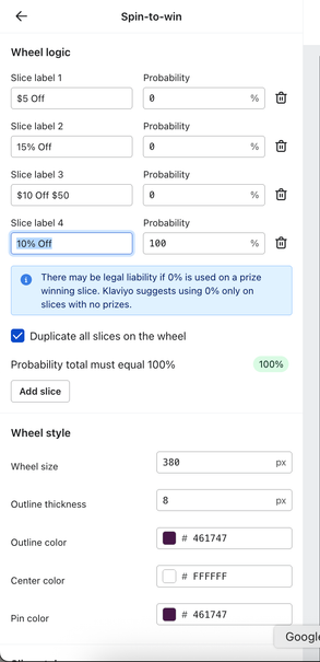 Klaviyo Spin-to-win setup with only “10% Off” at 100% probability; all other slices set to 0%.