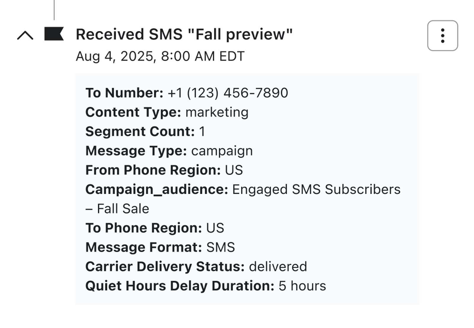 Details of a "Fall preview" marketing SMS message, showing recipient, campaign audience, delivery status, and a 5-hour quiet hours delay.