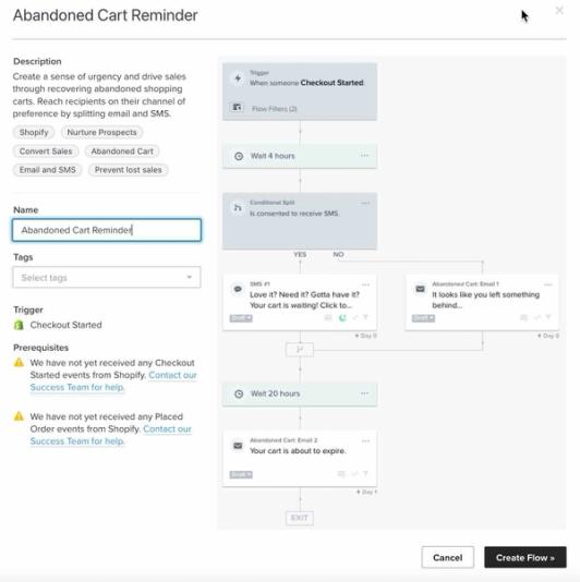Preview of an abandoned cart flow template where you can          name the flow