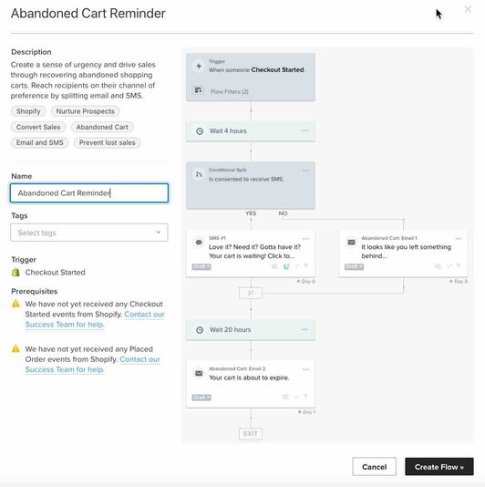 Preview of an abandoned cart flow template where you can          name the flow