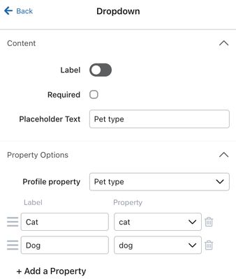 The dropdown input field menu showing an example dropdown collecting a pet type profile property.