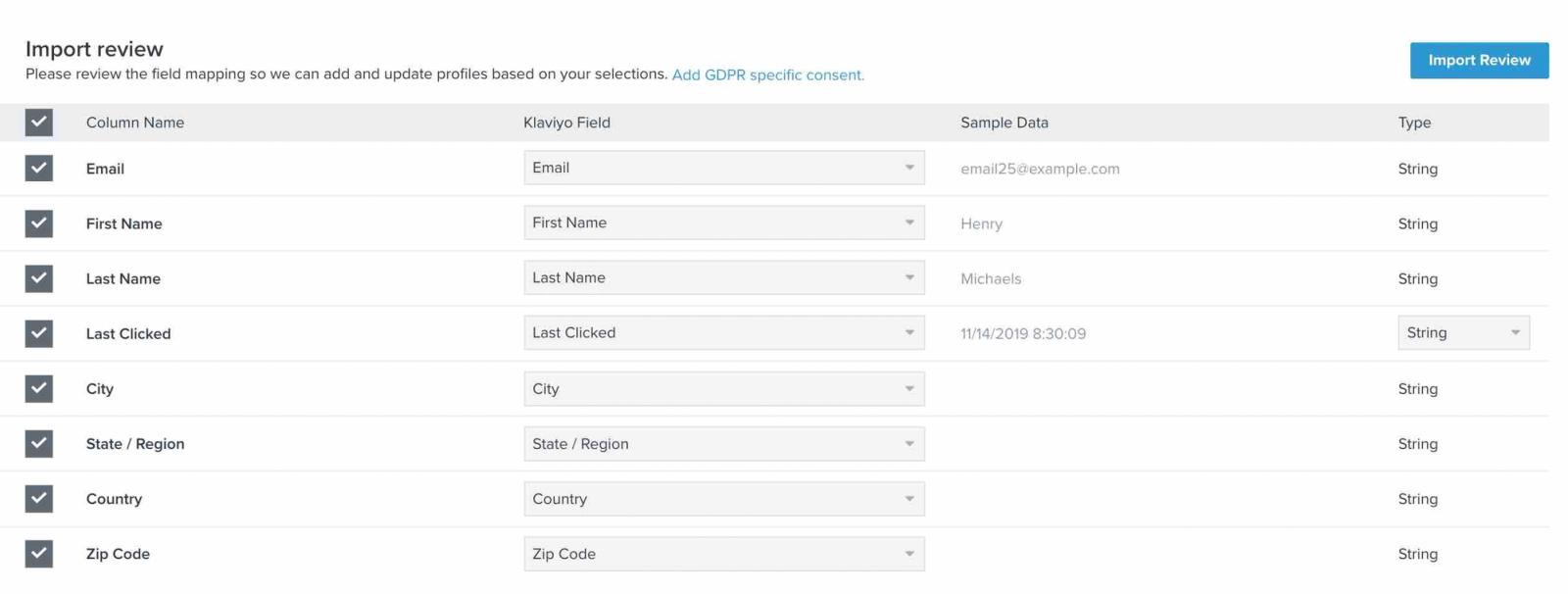Import review page with all fields mapped