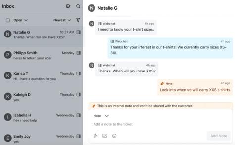 An example message thread for an Inbox ticket showing an orange note that was added.