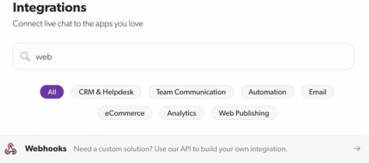 Integrations page in Olark with web in the searchbar and Webhooks in the search results