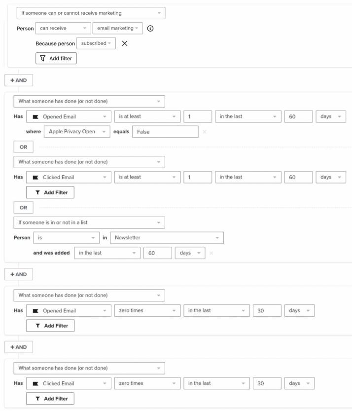 Subscribers who joined more than 30 days ago, and have opened, clicked, or susbcribed between 30 and 60 days ago