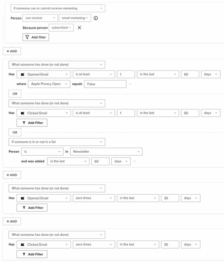 Subscribers who joined more than 30 days ago, and have opened, clicked, or susbcribed between 30 and 60 days ago