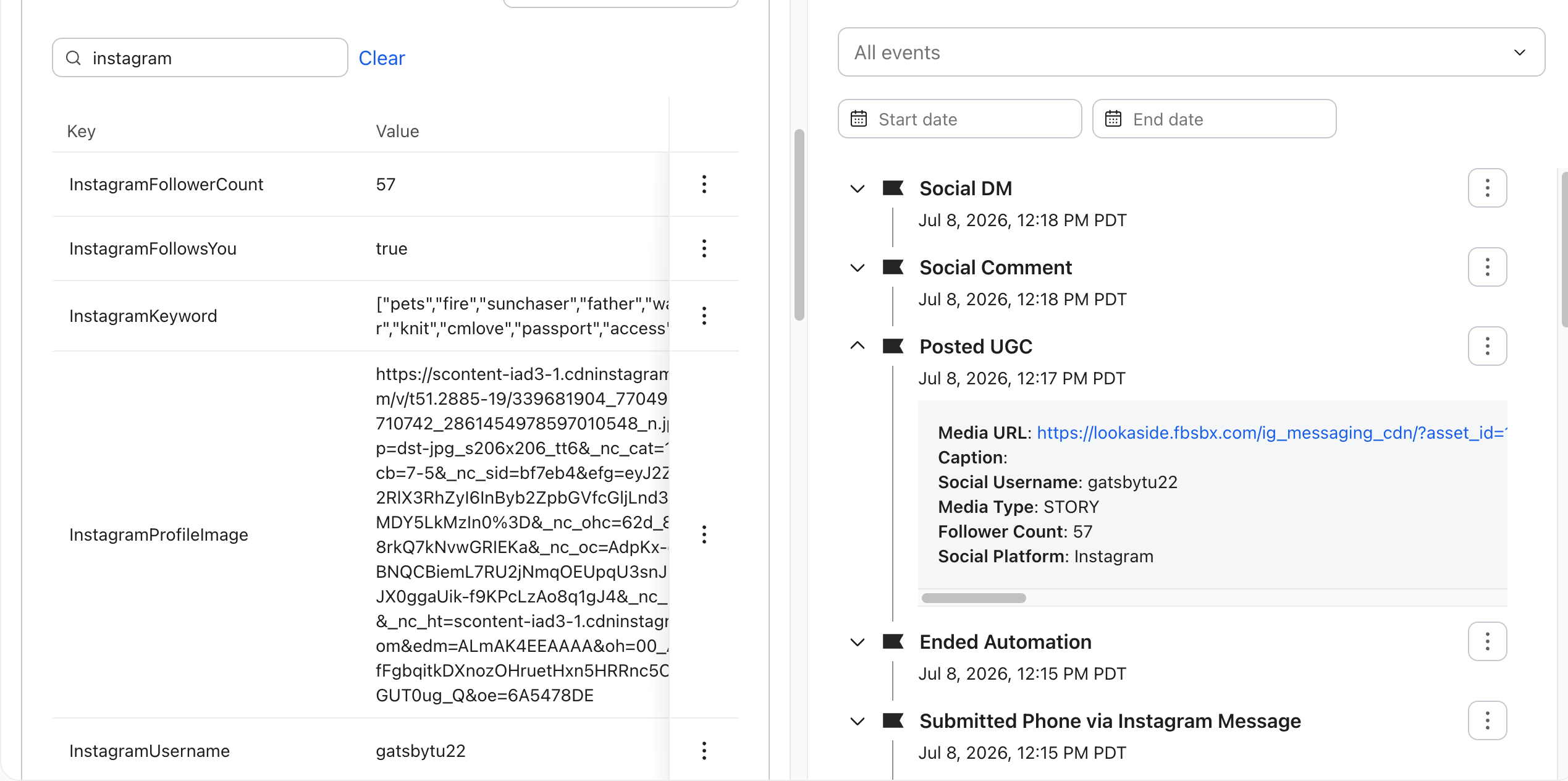 An interface displaying Instagram user profile data and activity events.
