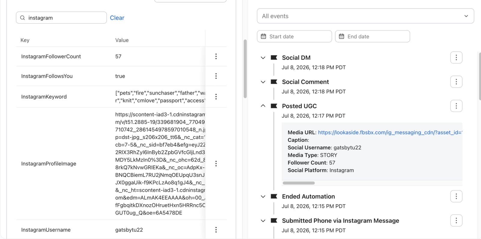 An interface displaying Instagram user profile data and activity events.