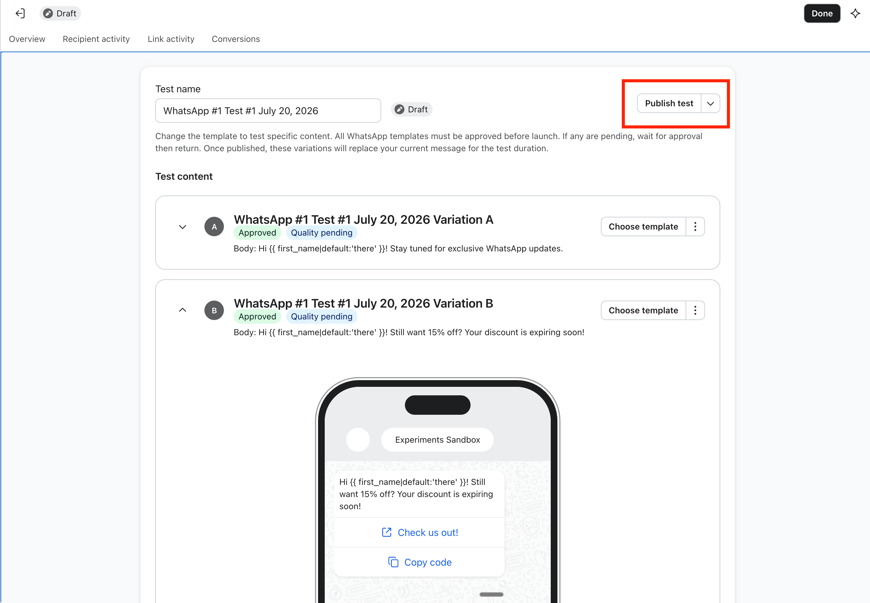 WhatsApp message A/B test setup page with two content variations and a highlighted "Publish test" button.