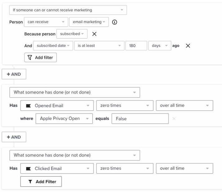subscribers that are part of your main newsletter list and were added more than 180 days ago, but have never opened and clicked an email