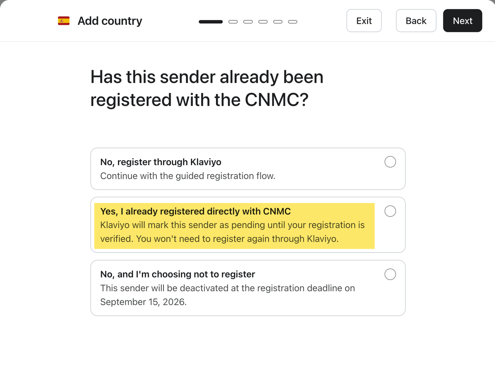 A user interface screen asks "Has this sender already been registered with the CNMC?", with the option "Yes, I already registered directly with CNMC" highlighted.