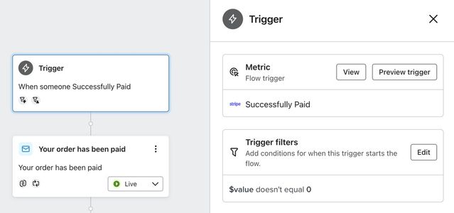 Flow in Klaviyo flow builder triggered by Successfully Paid